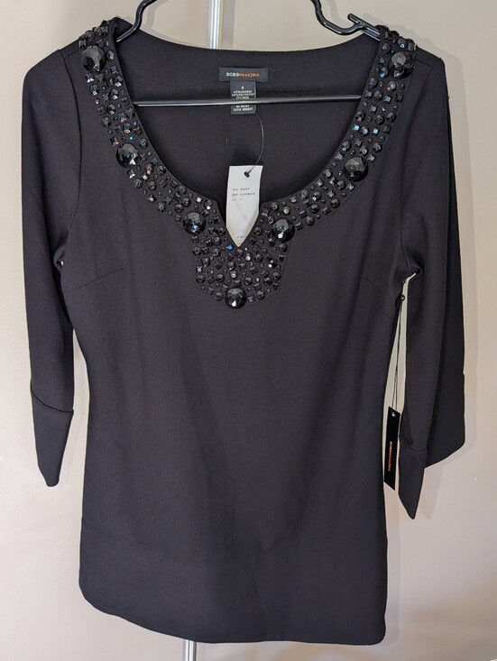 BCBGMaxAzria Tops - BCBGMaxAzria Black Jeweled V-Neck Long Sleeve Top